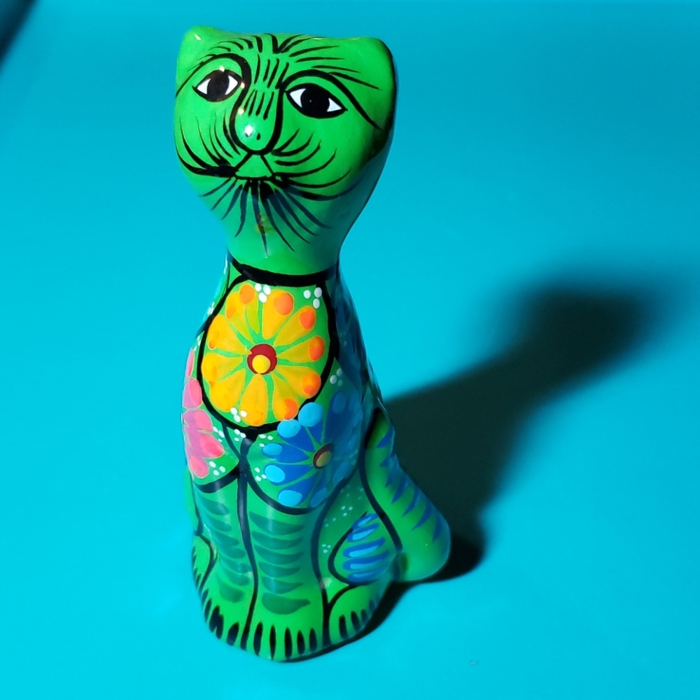 Green Mexican folk art Hand painted cat